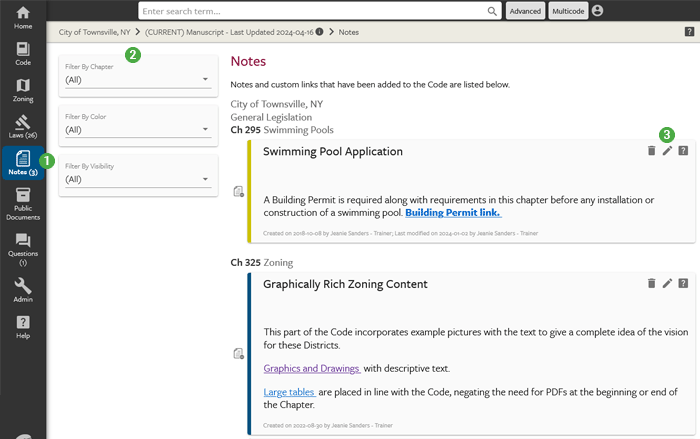 eCode360 screen showing the Notes listing